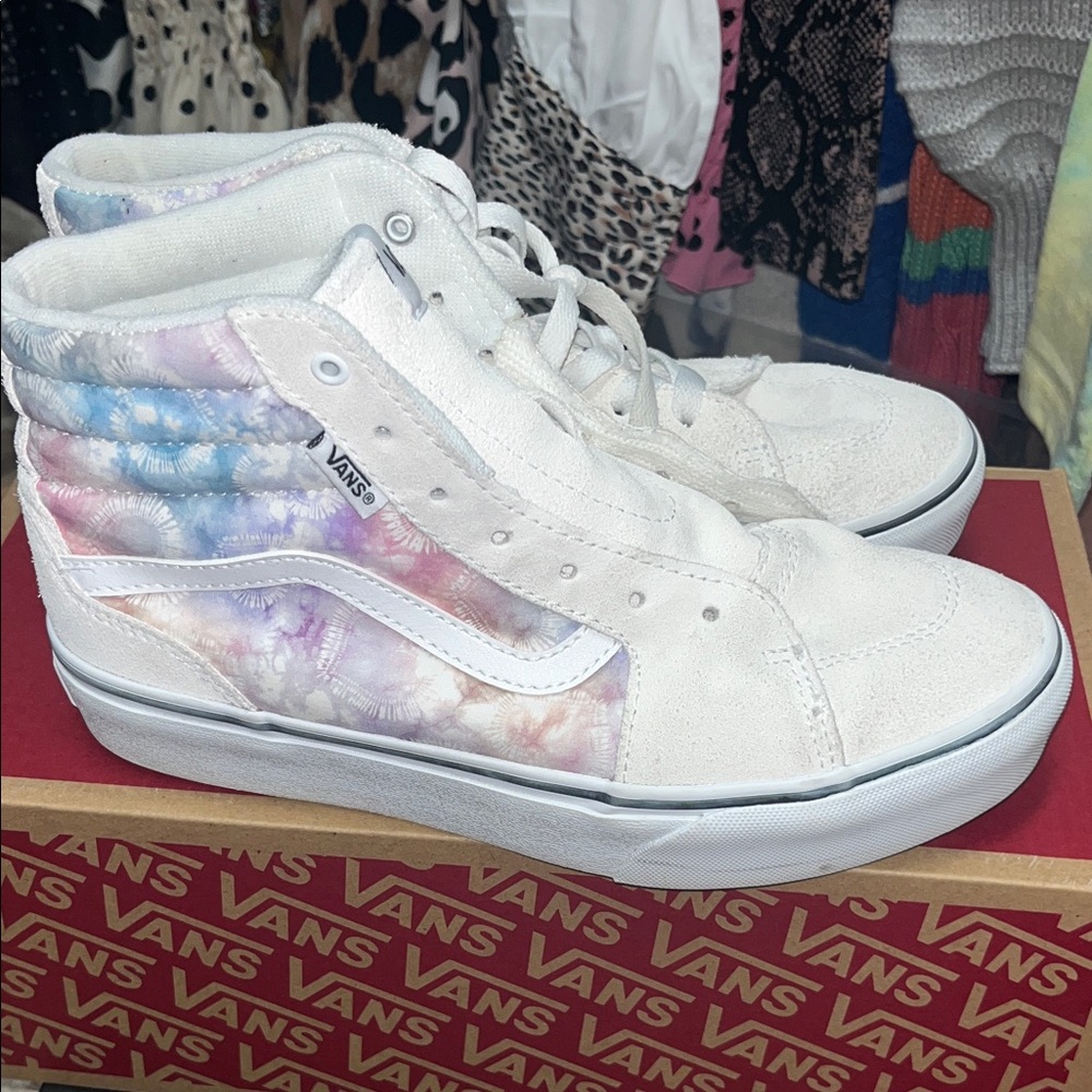 Vans Women's White and Pastel Tie-Dye High-Top Sneakers